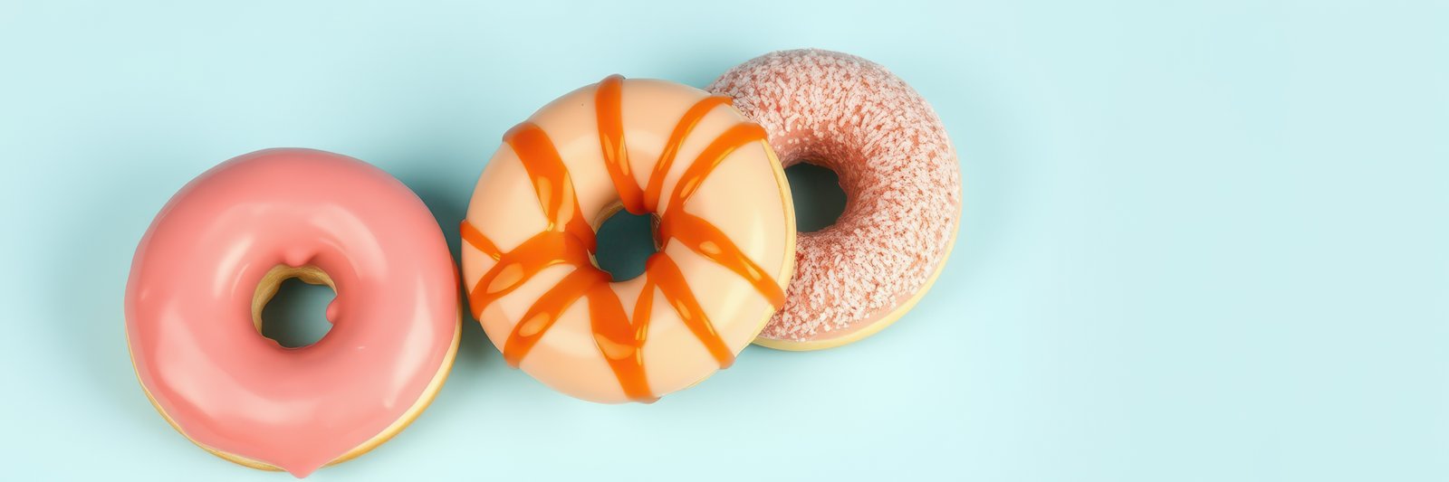 Colorful donuts arranged on a light blue background perfect for dessert lovers and sweet treats